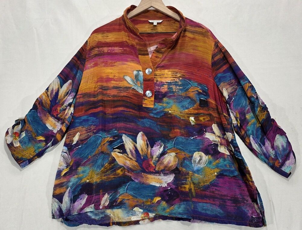 John Mark Womens Tunic Top 1X Wire Collar Floral Watercolor Popover Artsy Boho